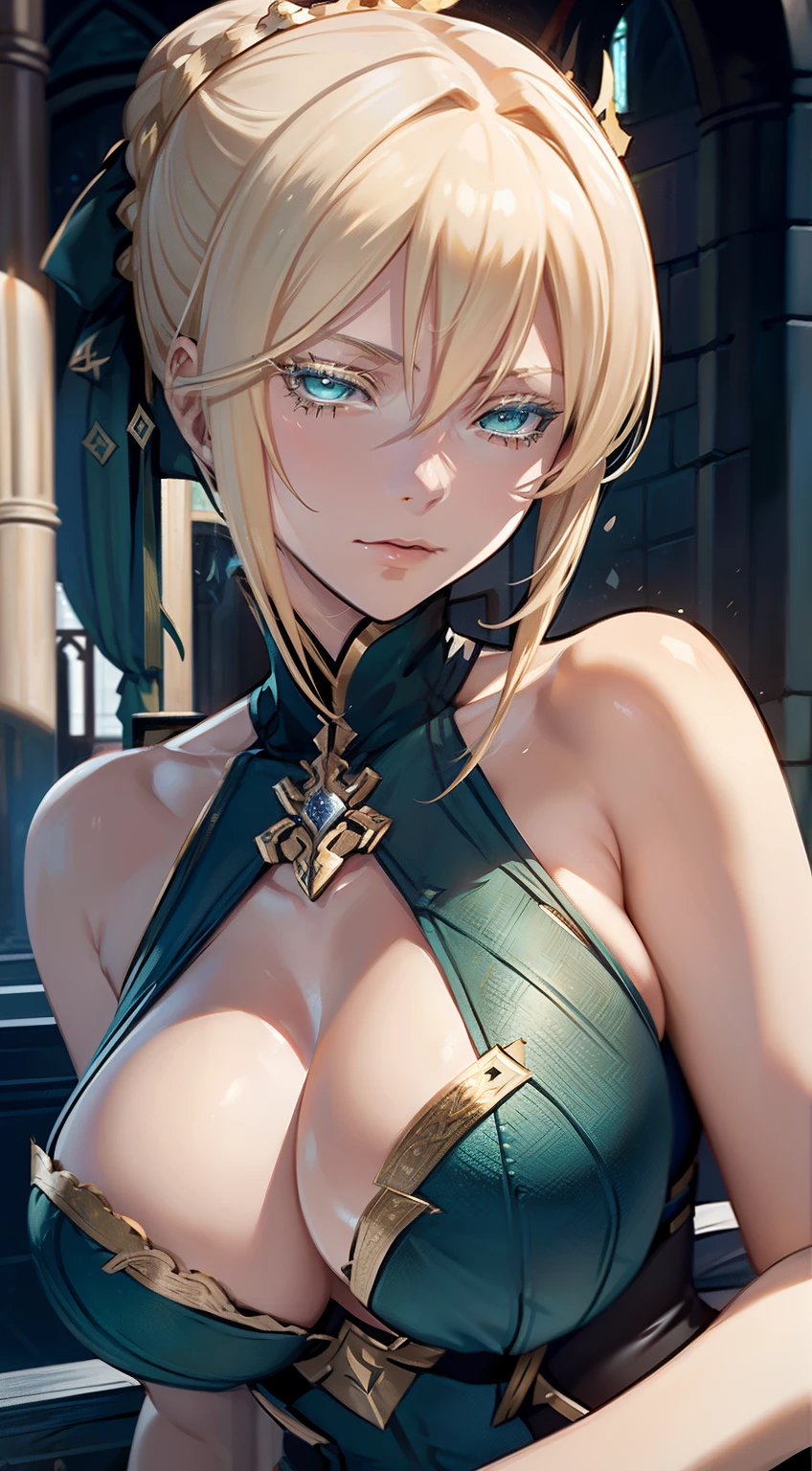 (Artoria Pendragon (Lancer) from fate/grand order), adult female, elegant, braided bun, blonde, blonde eyelashes, green eyes, curvaceous, large breasts, bare shoulders, cleavage cutout, high resolution, extremely detail 8k cg.