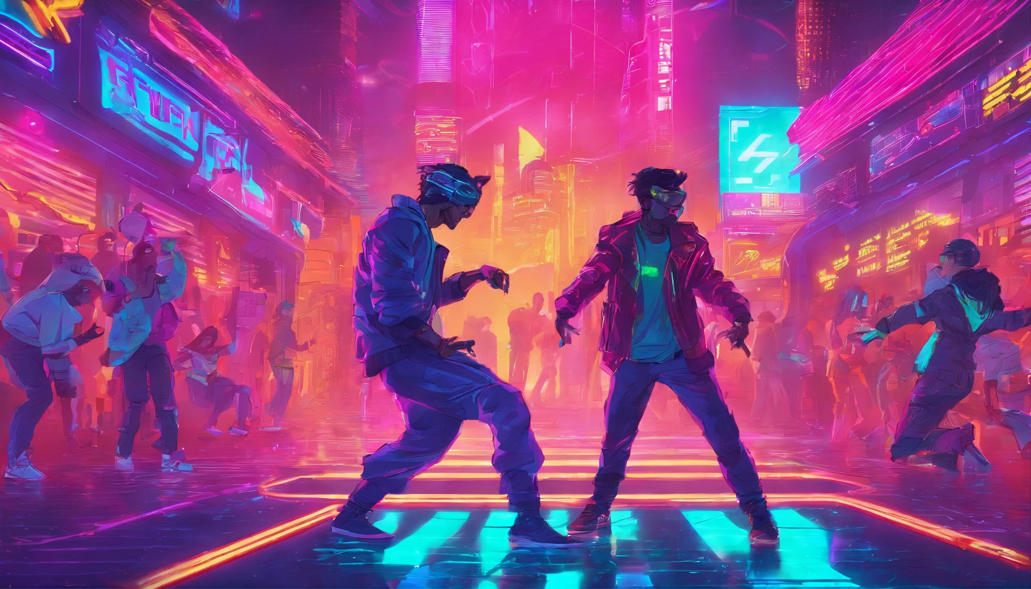 People dancing break dance, futurist city, disco, anime style, uhd