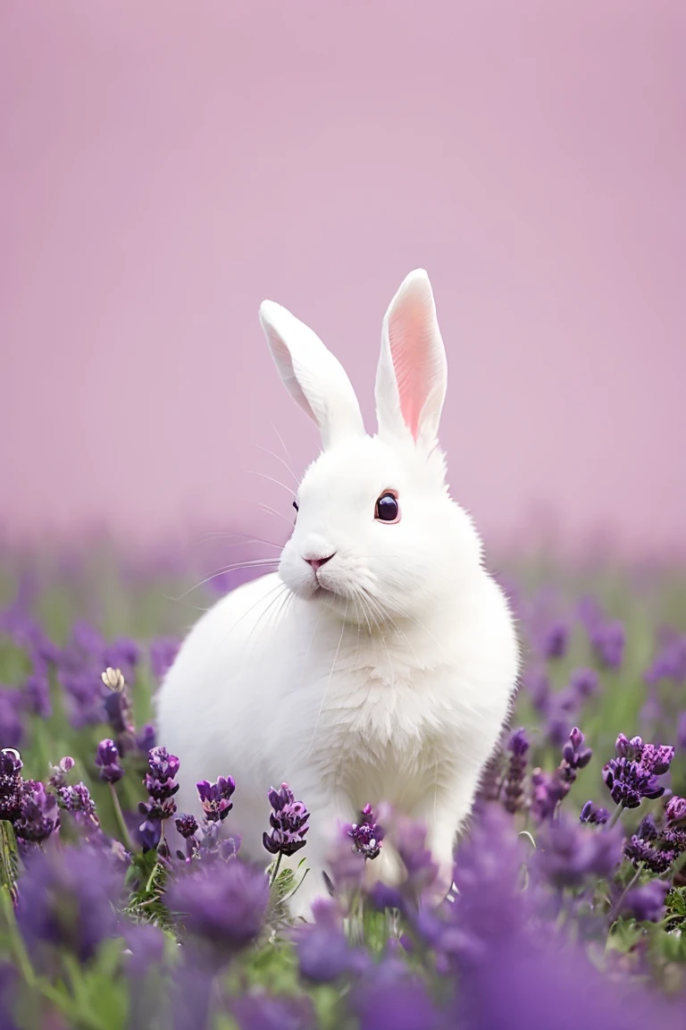 The background is blurry,pastel colored rabbit,Lavender color background, hight resolution,adorable rabbit looking at camera,Smiling