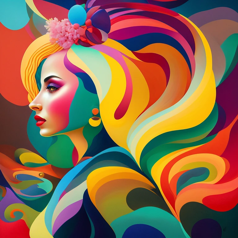 A picture of a woman with colorful hair and a hat, by Jeff Miracola, Abstract figurative art, Colorful flat surreal ethereal, In profile, Metaphysical painting, jen bartel, colorful art, Georgy Krasov, colorful illustration, Inspired by Milton Glazer, Renaissance painting, acceptance, colorful dream, by Juan O'Gorman, by William Berra