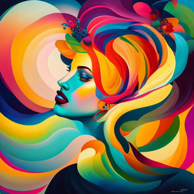 A picture of a woman with colorful hair and a hat, by Jeff Miracola, Abstract figurative art, Colorful flat surreal ethereal, In profile, Metaphysical painting, jen bartel, colorful art, Georgy Krasov, colorful illustration, Inspired by Milton Glazer, Renaissance painting, acceptance, colorful dream, by Juan O'Gorman, by William Berra