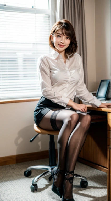 Ultra Detail, High resolution, ultra-detailliert, Best Quality, amazing, of the highest quality,Office Lady Uniform，Office Uniform，The face is delicate，black pantyhose，high-heels，Hip up，a desk，(Qi bangs:1.05)，(cabelos preto e longos:1.01)，Full body photo，adolable，ssmile，slender long legs