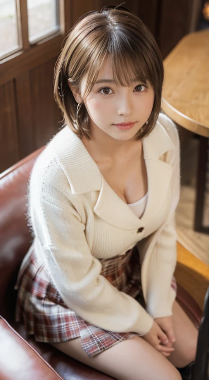 (Photorealistic), (ultra high realistic), (The ultra -The high-definition目), (ultra high detailed), (Increase contrast), (Increase saturation), (12 year old super beautiful girl), (light skinned)A pretty woman with perfect figure, Cute face,, (Lifelike face), a short bob、Hair hanging over the ears, Realistic eyes, natural make up、beautiful detail, (real looking skin), Beautiful skins, enticing, The ultra -The high-definition, A hyper-realistic, Realistic, Very detailed,, bangss), (White feather short coat and knee-high boots、japanese cute idol, Tartan check、I can see the cleavage)((Very short miniskirt)) Brown hair,cafes、a chair、Beautiful valley、beutiful breast、thin-waist、big butts、Cross your legs、Looking back、Shot from behind