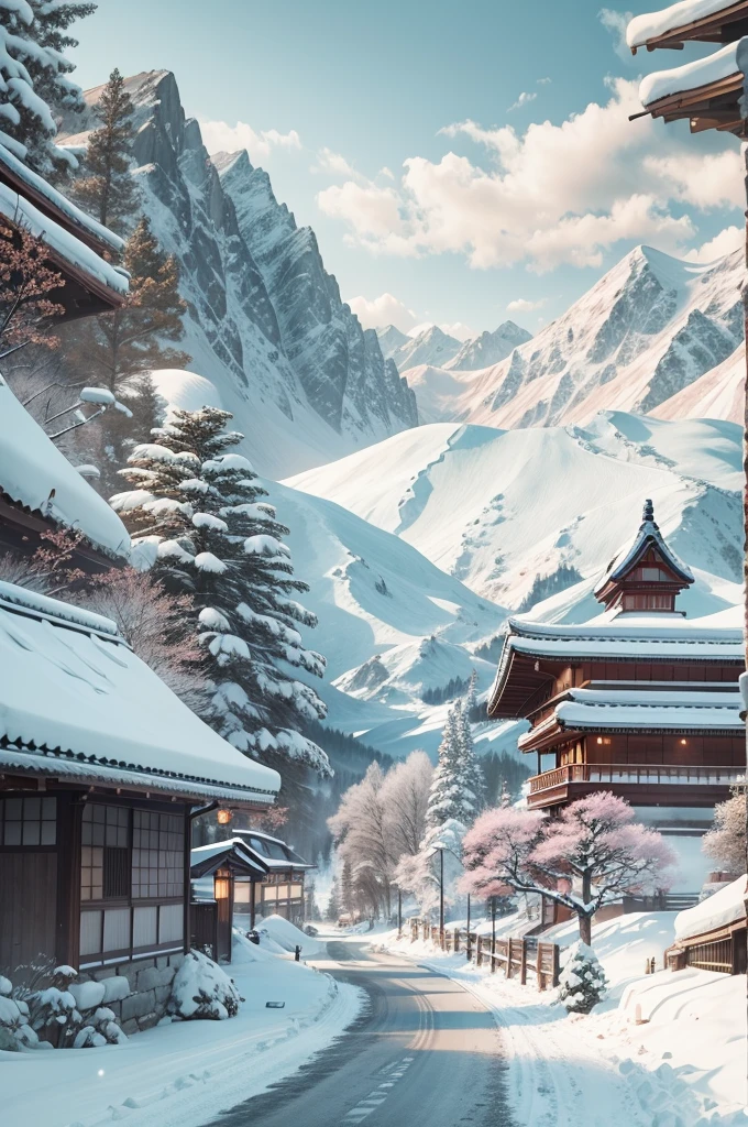 (Best Quality, 8K, masutepiece :1.3), snow mountains, Quiet snow-capped landscape, Breathtaking natural landscapes, Outside, traditional japanese building, quiet mountain resort, A quiet winter wonderland, Snow-covered peaks, Majestic beauty, pristine white snow,