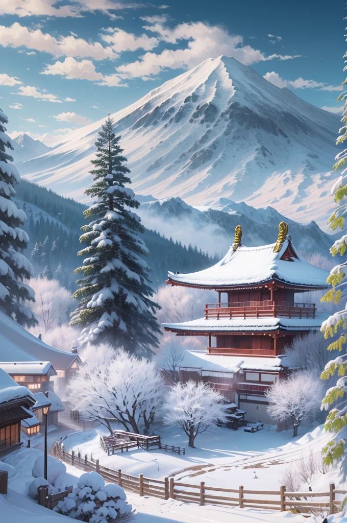 (Best Quality, 8K, masutepiece :1.3), snow mountains, Quiet snow-capped landscape, Breathtaking natural landscapes, Outside, traditional japanese building, quiet mountain resort, A quiet winter wonderland, Snow-covered peaks, Majestic beauty, pristine white snow,