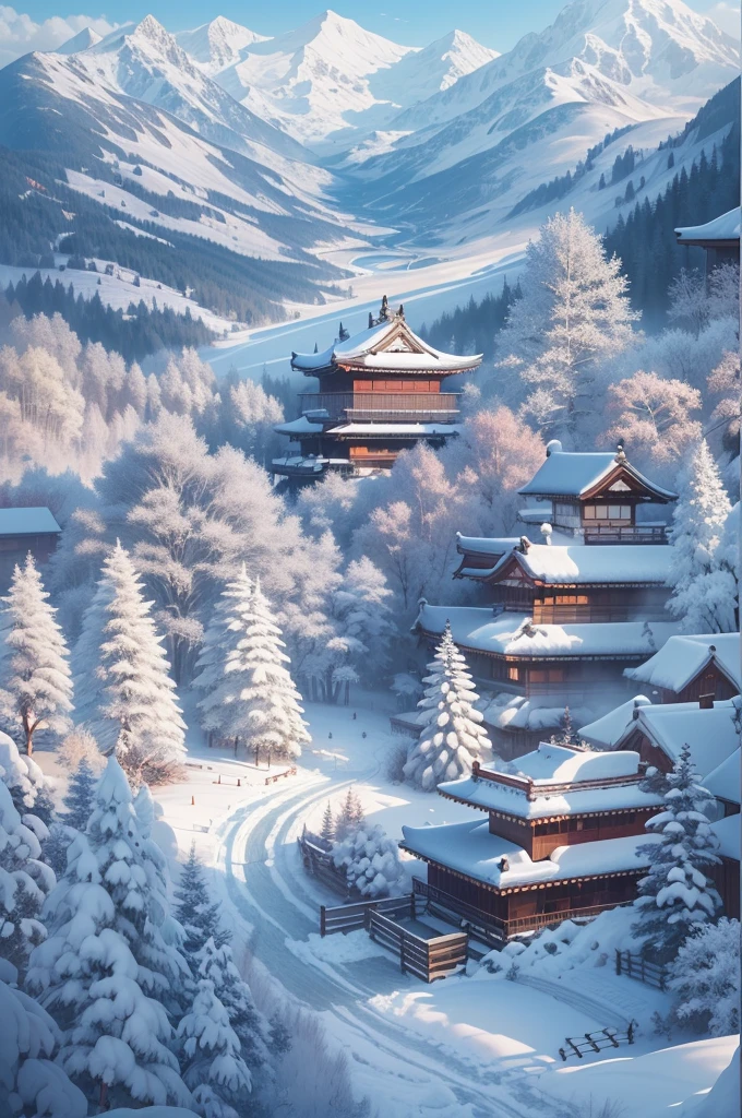 (Best Quality, 8K, masutepiece :1.3), snow mountains, Quiet snow-capped landscape, Breathtaking natural landscapes, Outside, traditional japanese building, quiet mountain resort, A quiet winter wonderland, Snow-covered peaks, Majestic beauty, pristine white snow,