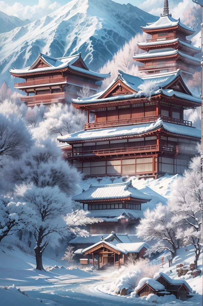 (Best Quality, 8K, masutepiece :1.3), snow mountains, Quiet snow-capped landscape, Breathtaking natural landscapes, Outside, traditional japanese building, quiet mountain resort, A quiet winter wonderland, Snow-covered peaks, Majestic beauty, pristine white snow,