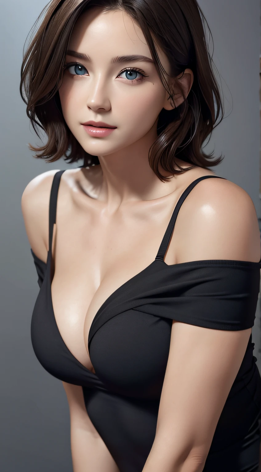 Skin Tight Black Top:1.2, Looking at Viewer, Cinematic lighting, Perfect, softlight, High resolution skin:1.2, Realistic skin texture, 30 years old mature woman、a small face、no-makeup、, off shoulders,Bust B Cup、Small breasts、 Exposed cleavage, Blue eyes, Short hair, dark brown  hair、fullnude、Gray background、