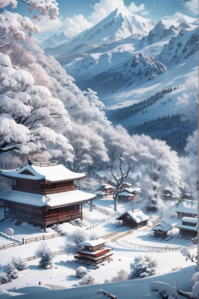 (Best Quality, 8K, masutepiece :1.3), snow mountains, Quiet snow-capped landscape, Breathtaking natural landscapes, Outside, traditional japanese building, quiet mountain resort, A quiet winter wonderland, Snow-covered peaks, Majestic beauty, pristine white snow,