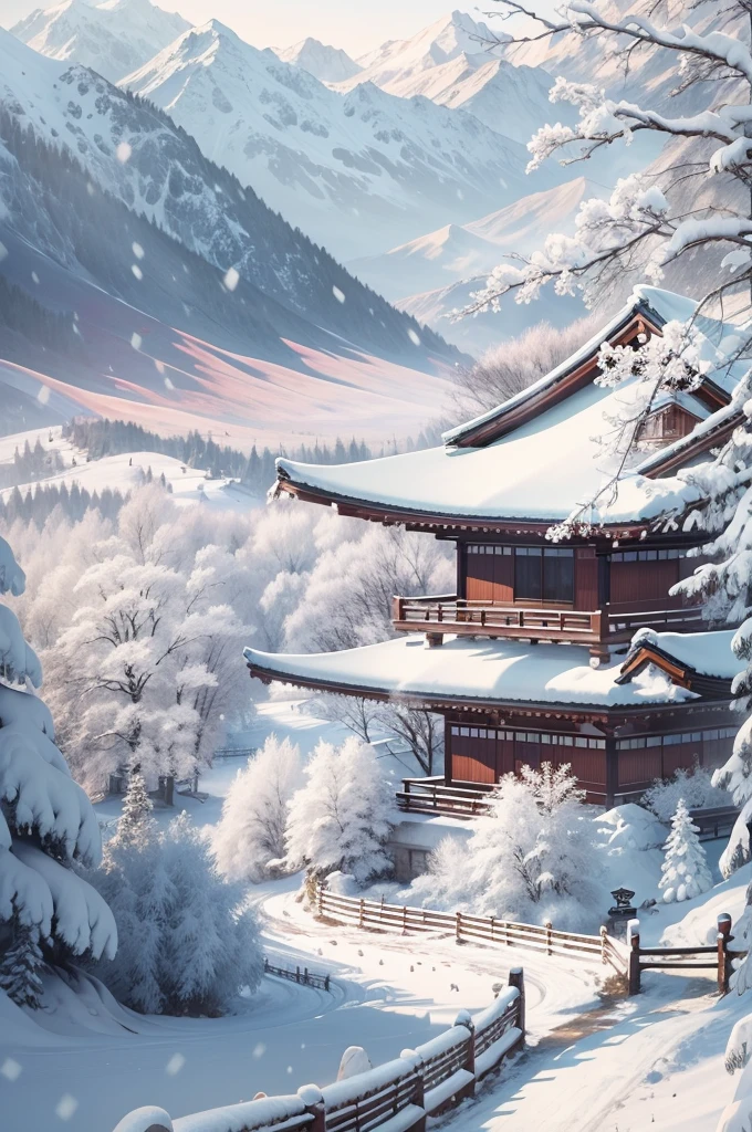 (Best Quality, 8K, masutepiece :1.3), snow mountains, Quiet snow-capped landscape, Breathtaking natural landscapes, Outside, traditional japanese building, quiet mountain resort, A quiet winter wonderland, Snow-covered peaks, Majestic beauty, pristine white snow,