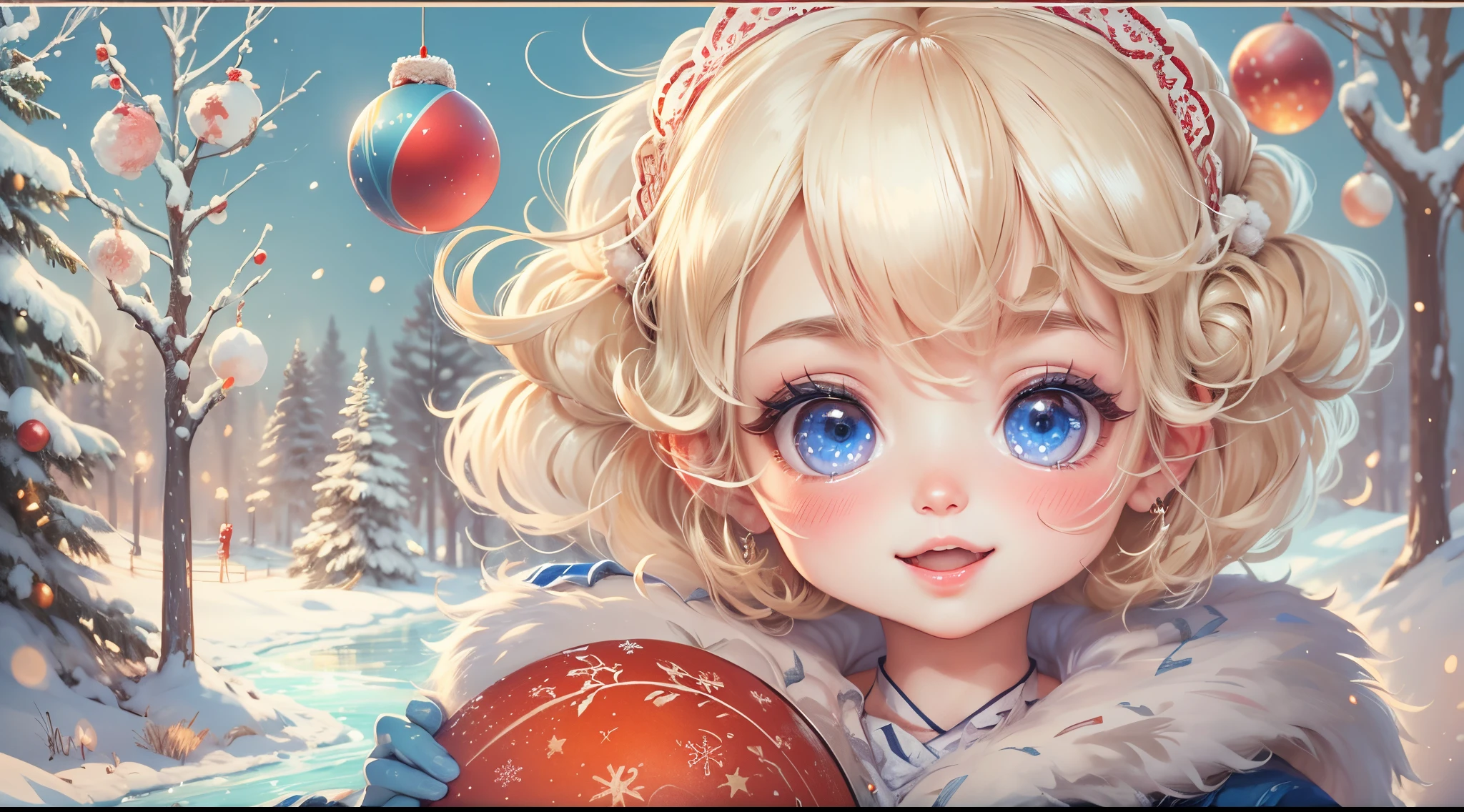 Winter, New Year's toys, Russian New Year, Christmas tree, blonde girl with blue eyes in a dress, thick cheeks, rejoices