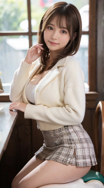 (Photorealistic), (ultra high realistic), (Ultra high definition), (ultra high detailed), (Increase contrast), (Increase saturation), (12 year old extremely beautiful girl), (light skinned)A pretty woman with perfect figure, Cute face,, (Lifelike face), Short Bob、Hair hanging over the ears, Realistic eyes, natural make up、beautiful detail, (real looking skin), Beautiful skins, enticing, The ultra -The high-definition, A hyper-realistic, Realistic, Very detailed,, bangss), (White wool short coat and knee-high boots、japanese cute idol, Tartan check、I can see the cleavage)((very short miniskirt)) Brown hair,cafes、Sit cross-legged in a chair、Beautiful valley、beutiful breast、thin-waist、big butts、Kneeling、low angle shot