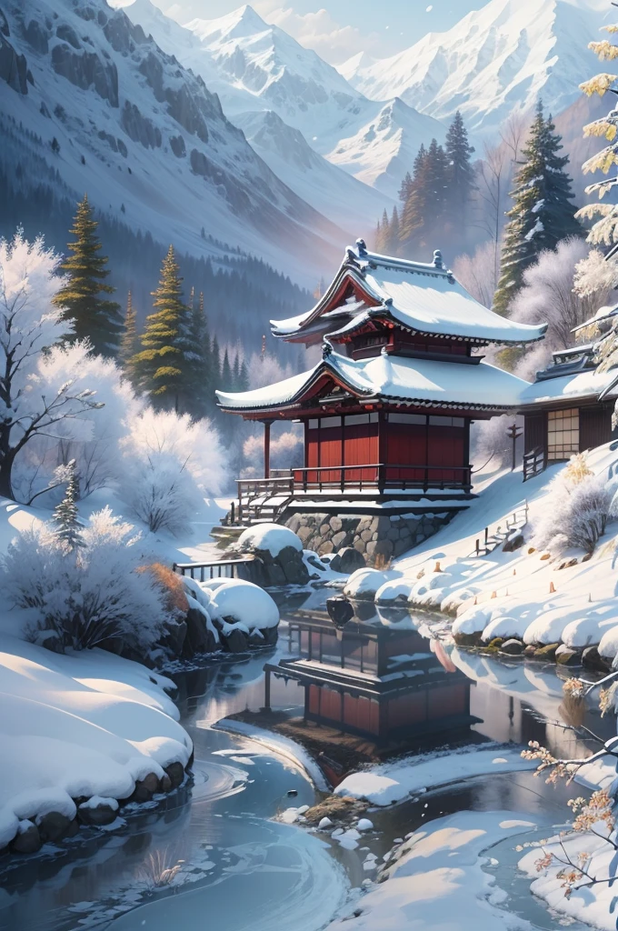 (Best Quality, 8K, masutepiece :1.3), snow mountains, Quiet snow-capped landscape, Breathtaking natural landscapes, Outside, traditional japanese building, quiet mountain resort, A quiet winter wonderland, Snow-covered peaks, Majestic beauty, pristine white snow,
