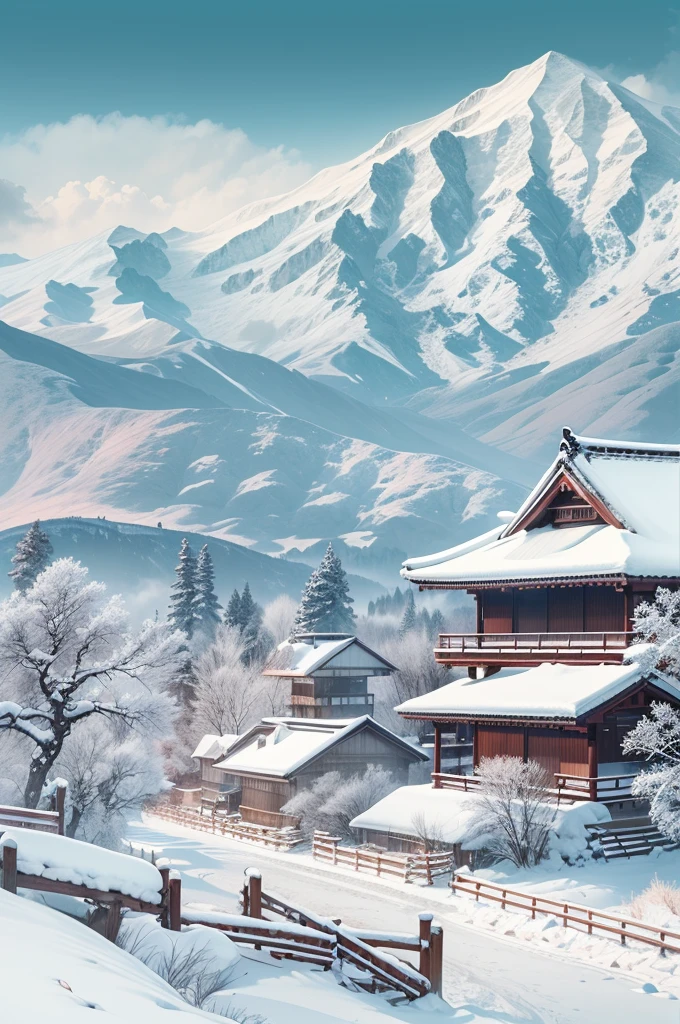 (Best Quality, 8K, masutepiece :1.3), snow mountains, Quiet snow-capped landscape, Breathtaking natural landscapes, Outside, traditional japanese building, quiet mountain resort, A quiet winter wonderland, Snow-covered peaks, Majestic beauty, pristine white snow,