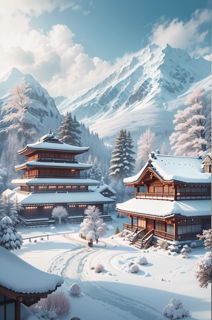 (Best Quality, 8K, masutepiece :1.3), snow mountains, Quiet snow-capped landscape, Breathtaking natural landscapes, Outside, traditional japanese building, quiet mountain resort, A quiet winter wonderland, Snow-covered peaks, Majestic beauty, pristine white snow,