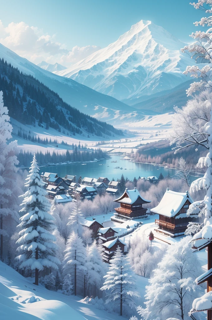 (Best Quality, 8K, masutepiece :1.3), snow mountains, Quiet snow-capped landscape, Breathtaking natural landscapes, Outside, traditional japanese building, quiet mountain resort, A quiet winter wonderland, Snow-covered peaks, Majestic beauty, pristine white snow,