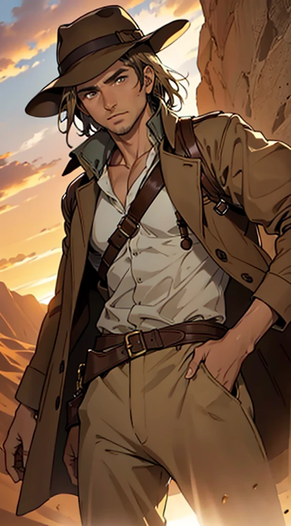 Indiana jones, desert, sunset, long brown coat, brown hair, short hair, brown eyes, confident pose, beautifully detailed eyes, captivating gaze, vivid colors, skillfully executed lighting, studio lighting techniques bringing out the man's features and the overall mood of the scene., masterpiece, anatomically correct, high quality, best quality, high details