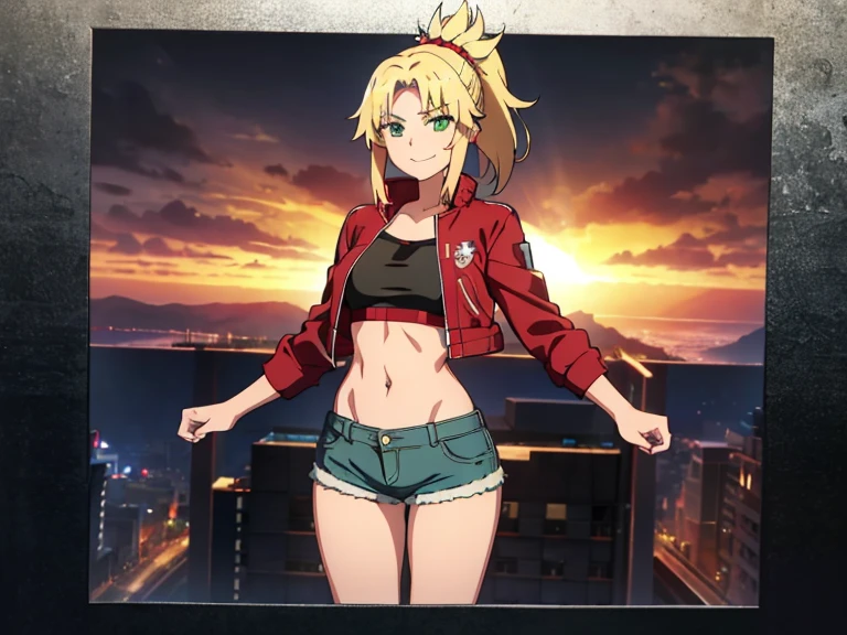 incomparable masterpiece, ultra 8k CG, perfect art, modred, (green eyes:1.5), blonde hair, ponytail, short hair, scrunchie, red scrunchie, hair scrunchie, denim, denim shorts, jacket, midriff, navel, red jacket, short shorts, shorts, tube top, black line white top, high res, ultrasharp, 8K, ultra high resolution, beautiful detailed eyes, hyper-extreme details, best quality, perfect illustration, an extremely delicate and beautiful, extremely detailed, CG, 8k wallpaper, amazing, finely detailed, official art, huge file size, ultra detailed, extremely detailed, beautiful detailed girl, extremely detailed eyes and face, smiling, sunset background, hill background