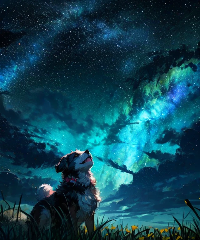 Describe a scene where a cute black and white dog is lying on a grassy hill, Looking up at the starry sky. Surround her with colorful nebulae and her favorite constellations.