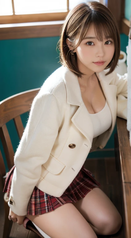 (Photorealistic), (ultra high realistic), (Ultra high definition), (ultra high detailed), (Increase contrast), (Increase saturation), ( extremely beautiful girl), (light skinned)A pretty woman with perfect figure, Cute face,, (Lifelike face), Short Bob、Hair hanging over the ears, Realistic eyes, natural make up、beautiful detail, (real looking skin), Beautiful skins, enticing, The ultra -The high-definition, A hyper-realistic, Realistic, Very detailed,, bangss), (White wool short coat and knee-high boots、japanese cute idol, Tartan check、I can see the cleavage)((very short miniskirt)) Brown hair,cafes、a chair、Sit cross-legged、Beautiful valley、beutiful breast、thin-waist、big butts、Kneeling、low angle shot