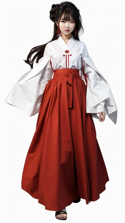 a beautiful woman in a red skirt and white shirt is standing, wearing a miko dress, realistic