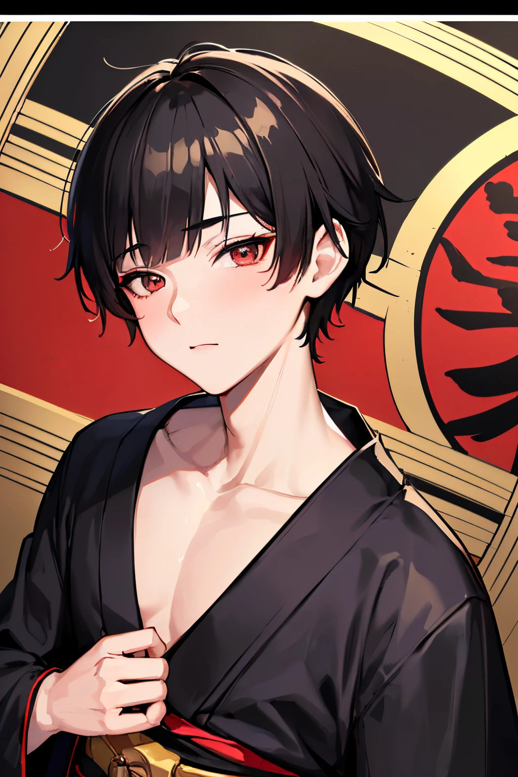 masterpiece, best quality, highly detailed, 1boy, solo, male focus, looking at viewer, cold light, pretty face boy, (red_eyes:1.2), (zaffre_eyes_color:1.1), (fluffy_black_short_hair:1.2), (traditional_japanese_yukata_clothes:1.5), (japanese_matsuri_background:1.5)