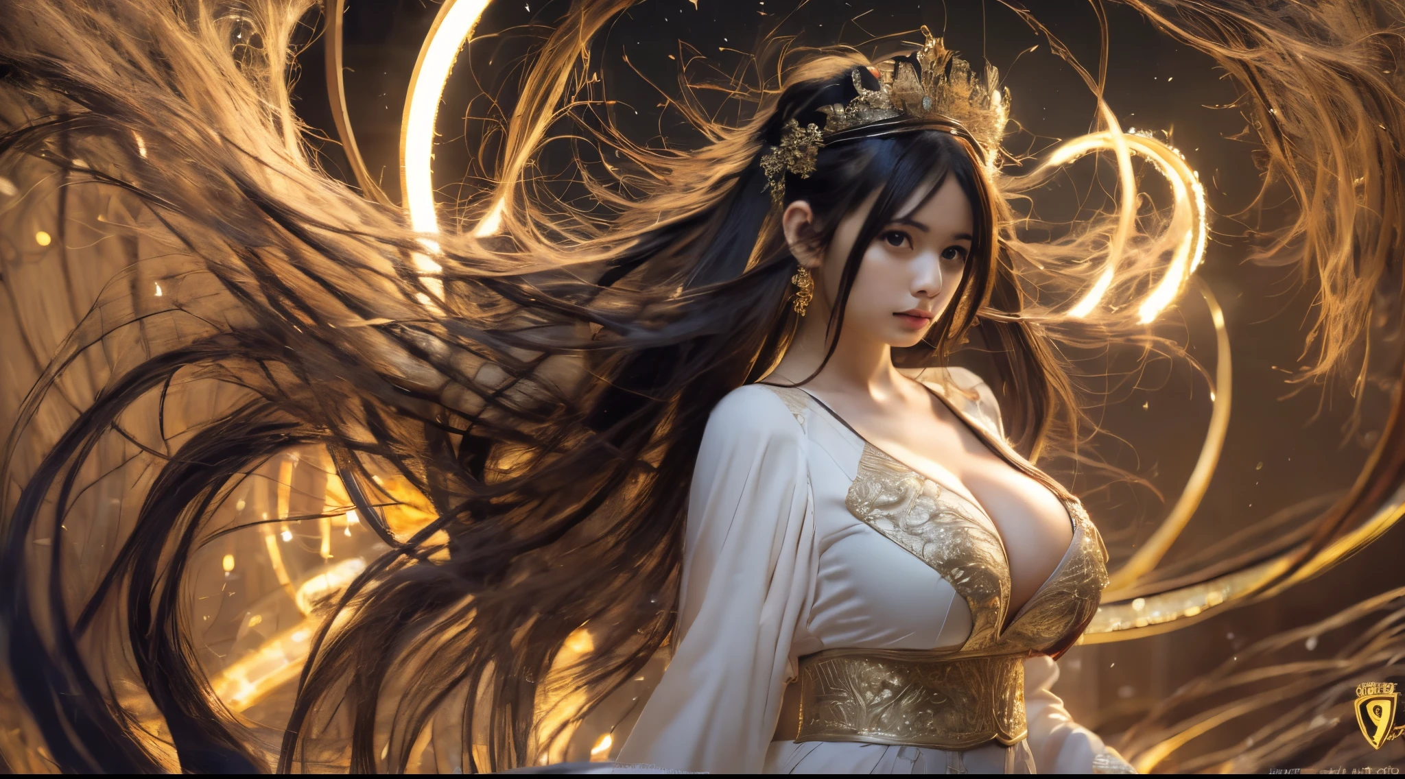 anime girl in a white dress with a long flowing dress, onmyoji detailed art, onmyoji, anime goddess, anime fantasy illustration, a beautiful fantasy empress, onmyoji portrait, ((a beautiful fantasy empreseautiful celestial mage, anime fantasy artwork, flowing hair and long robes, albedo from the anime overlord, queen and ruler of the universe, (gigantic breasts:1.3), gigantic cleavage breasts,