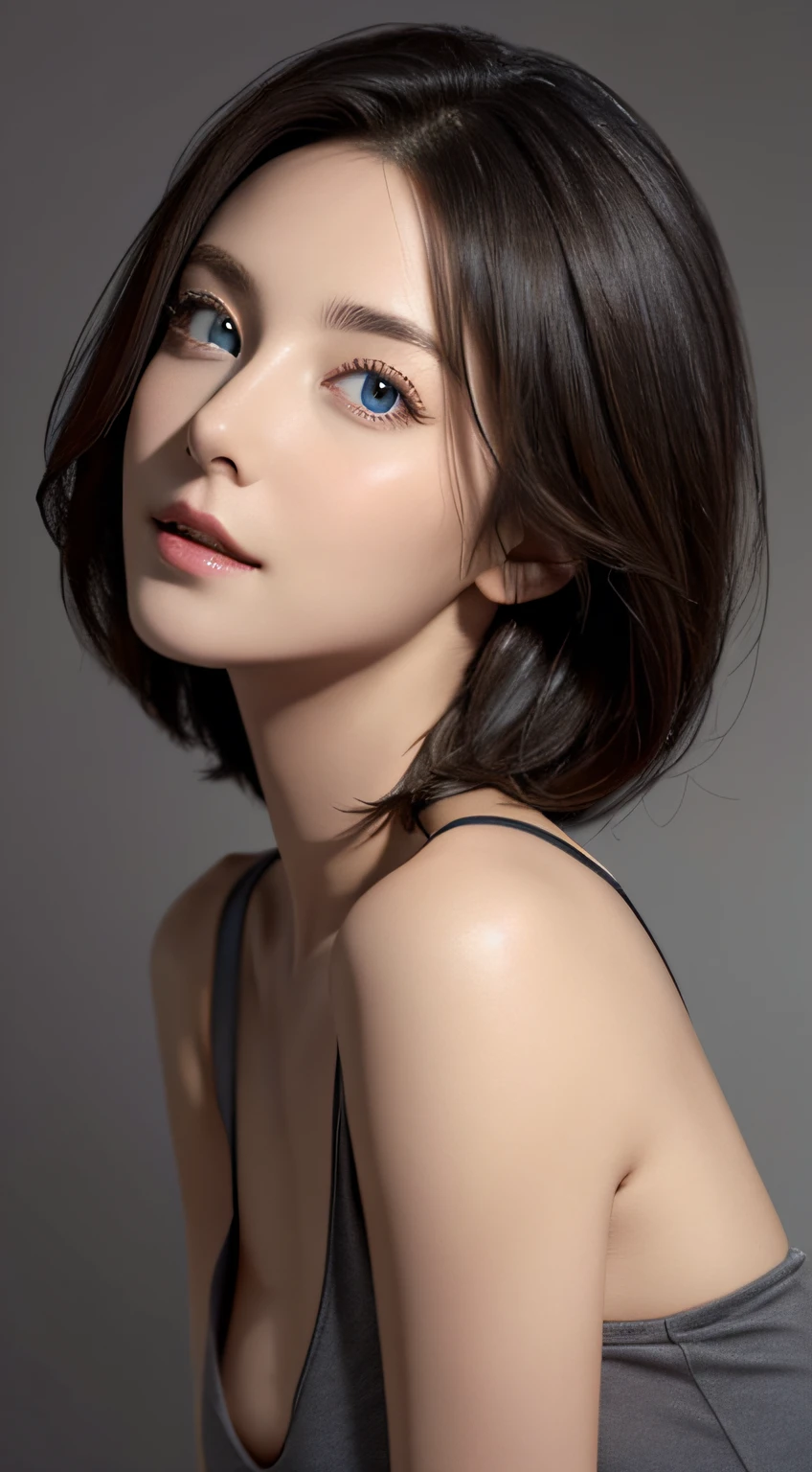 Skin Tight Black Top:1.2, Looking at Viewer, Cinematic lighting, Perfect, softlight, High resolution skin:1.2, Realistic skin texture, 30 years old mature woman、a small face、no-makeup、, off shoulders,Bust B Cup、Small cleavage, Blue eyes, Short hair, dark brown hair、fullnude、Gray background、