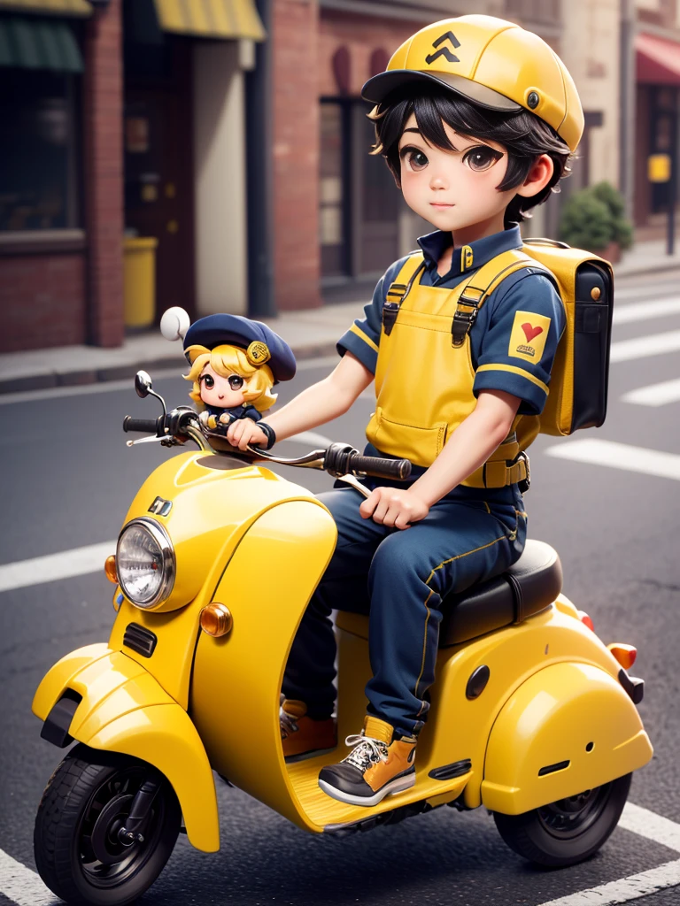 china boy， Wearing blue overalls， Wear a blue hard hat， Riding an electric car，Courier， Black hair， adolable， with brown eye，pixar, chibi，frontage，Full body portrait