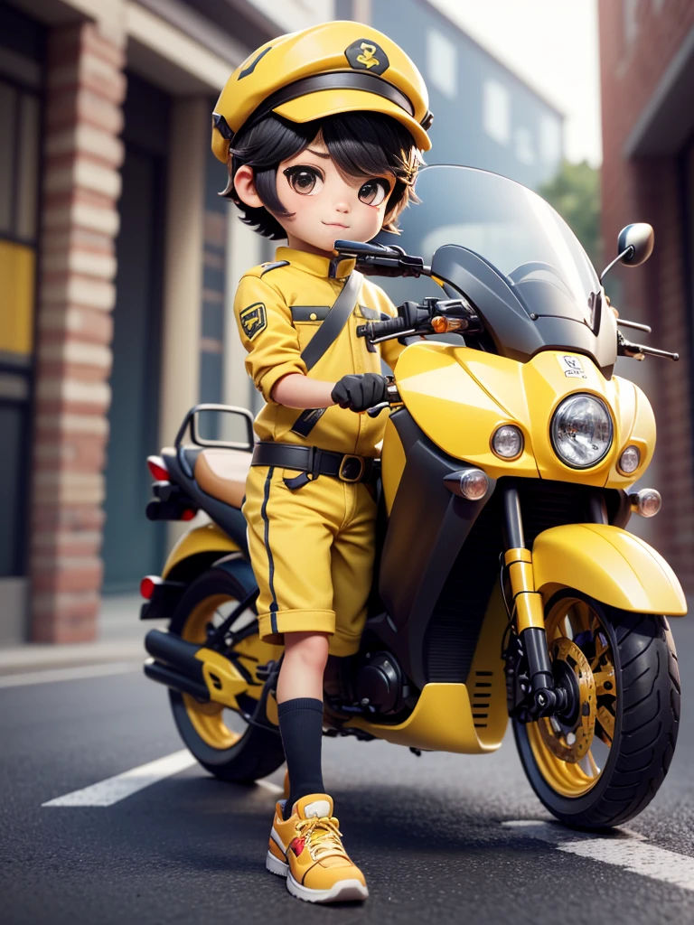 Full body, kawaii, 1boy, (masterpiece),(bestquality),(ultra-detail), (Full body:1.2). Delivery boy in yellow uniform, ride a yellow motor, Wear a hat.. warm and comfortable, chibi, kawaii,  .3D, road, detailed background