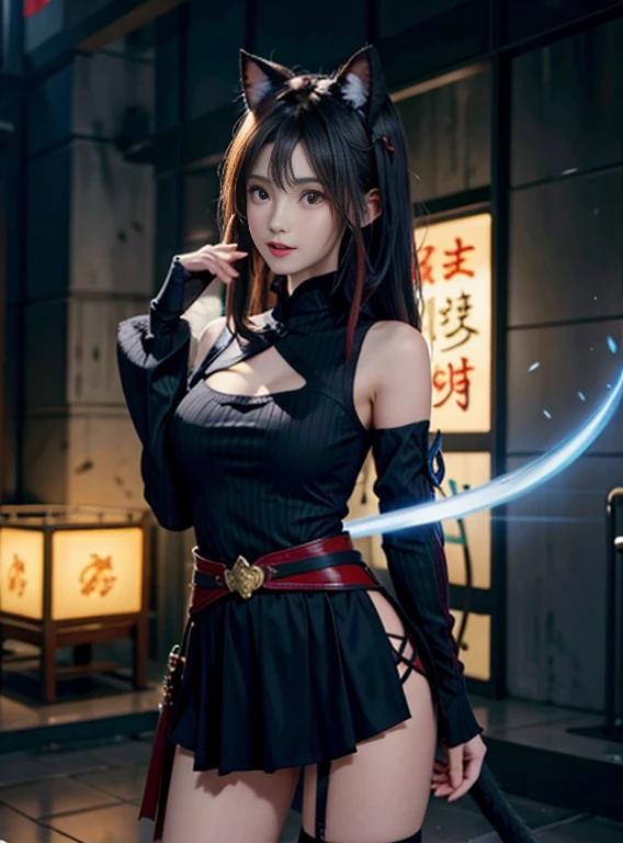 Close-up of a girl,Black hair,Cat mask,Jade is tied around the waist,Red colored eyes,glowing light eyes,Separate sleeves,dress cheongsam,Cold,perfect girly body,medium breasts,long legged,Cat's ears,mitts,There's a cat next door,Holding a longsword,,Separate sleeves,Honkai Three Style,style of anime,full body Esbian,spring festival background,