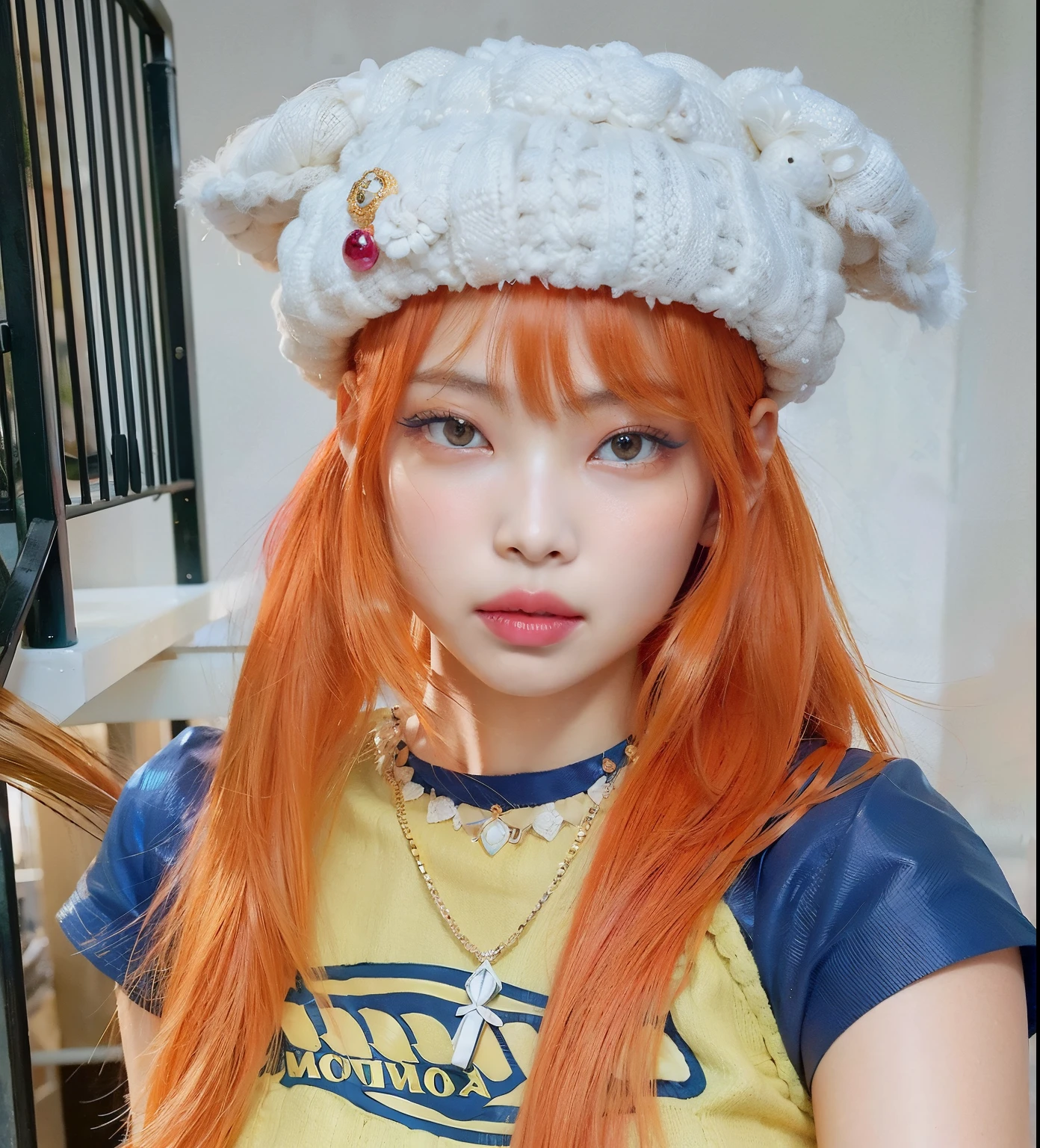 hay una mujer con el pelo largo y rojo que lleva un sombrero, Lalisa Manobal, Lalisa Manoban de Blackpink, El Corte Hime, flequillo esponjoso, Parque Roseanne de Blackpink, Ruan lindo vtuber, cabello naranja, con flequillo completo, con una gargantilla y un lindo sombrero, Peinado kawaii, madeline de celeste, flequillo blanco, con flequillo