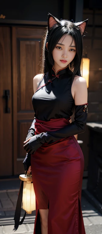 （（（Wearing a red slit cheongsam，Black gloves on both hands。（（（Kurotsuchi，short black hair，black pupils，Good-looking， ））），（（（wide hips））），S-shaped body:1.7））），((masterpiece)),high resolution, ((Best quality at best))，masterpiece，quality，Best quality，（（（ Exquisite facial features，looking at the audience,There is light in the eyes，lol，confidence ））），（（（Light and shadow interlace，huge ））），（（（looking into camera，Kneel and put on）））