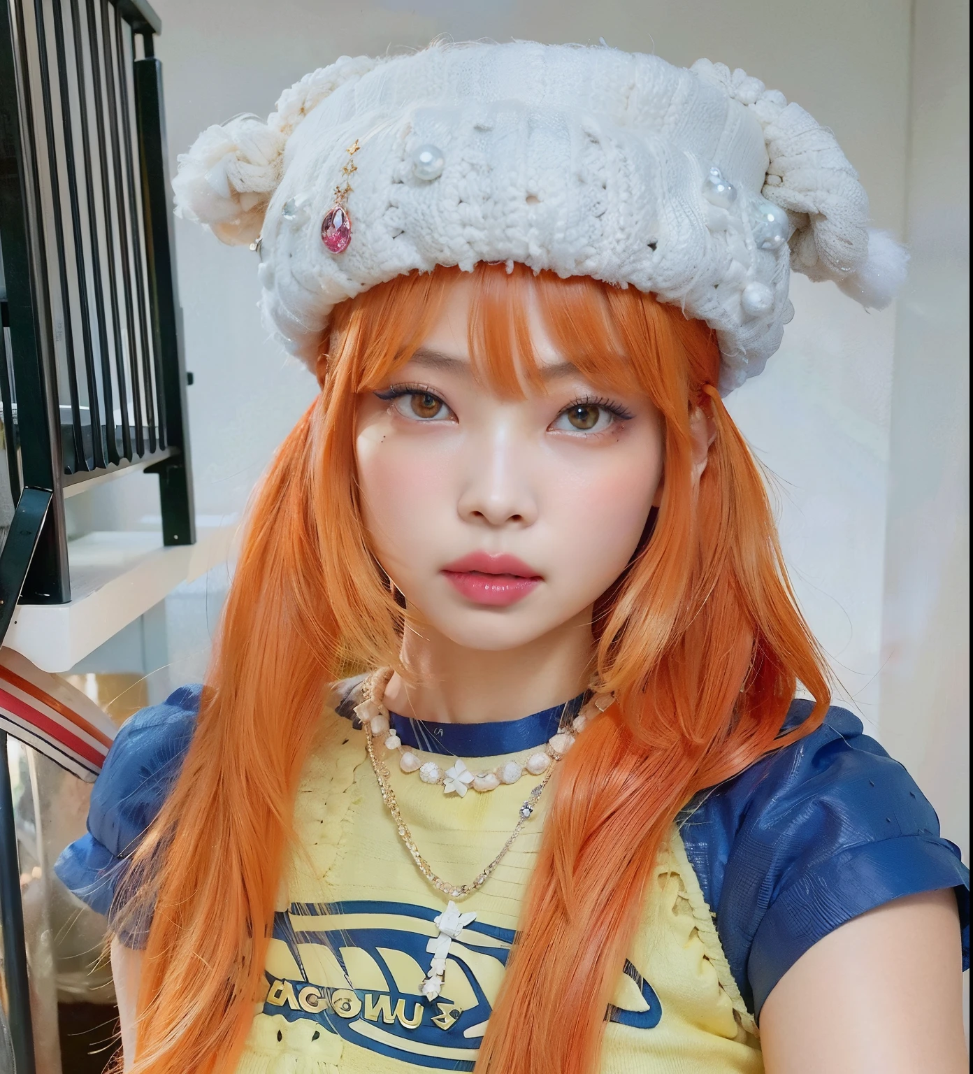hay una mujer con el pelo largo y rojo que lleva un sombrero, Lalisa Manobal, Lalisa Manoban de Blackpink, El Corte Hime, flequillo esponjoso, Parque Roseanne de Blackpink, Ruan lindo vtuber, cabello naranja, con flequillo completo, con una gargantilla y un lindo sombrero, Peinado kawaii, madeline de celeste, flequillo blanco, con flequillo