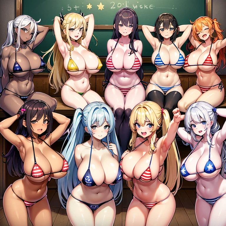 (masterpiece), maximum quality, (Colorful:1.1), (5 girls, group shot:1.4), (slim body:1.1), (huge tits:1.5), (dark skin:1.1), (muscles:1.1), blonde hair, Silver hair, Twin tails, (leaning forward:1.4), (Open your mouth, happy smile:1.1), (winc:1.4),peace sign, (stars and stripes bikini, microbikini:1.1), cowboy Shot, (Classroom:1.1), blackboards