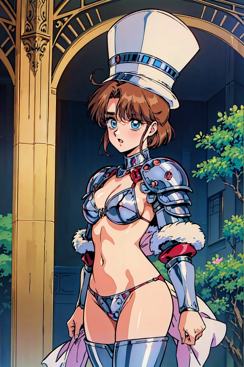 "(masterpiece:1.1), best quality,
1girl, (80s anime style:1.3), (eyelashes:1.5),
(intricate high detailed body:1.2),
(brown hair:1.1), (hair slicked back:1.2), (short hair:1.1), (holy hat:1.2),
blue eyes, (thick eyebrows:1.1),
(slim body:1.1), (gigantic breasts:1.1),
(shy:1.2), (blush:1.1), open mouth,
(bikini armor:1.2),
(knight armor, armored boots:1.2), (fur:1.1), (jewelry:1.1), neckwear,
standing,
(upper body, cowboy shot, looking at viewer, from front:1.1),
daytime, outdoors"
