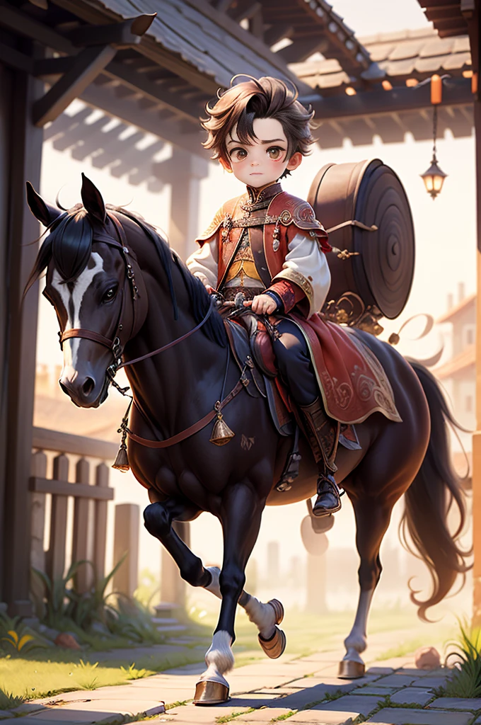 bestquality, masterpiece,1 Boy, Full body, chibi, A man riding a horse