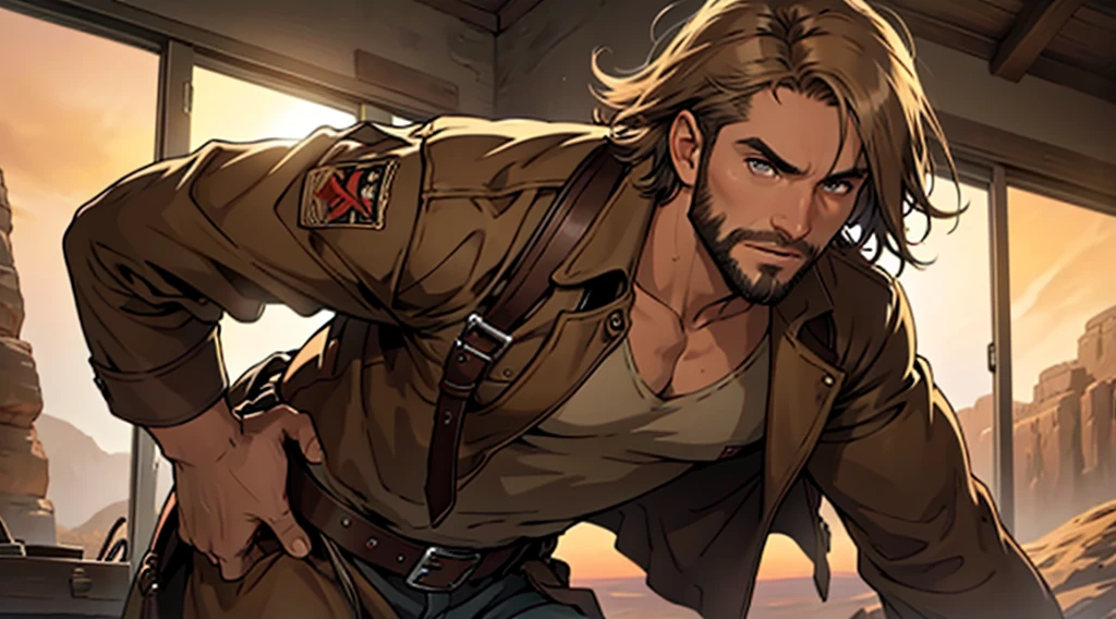 Indiana jones, desert, open expanse, sunset, long brown coat, brown hair, short hair, brown eyes, whip, gun, beard, confident pose, beautifully detailed eyes, captivating gaze, vivid colors, skillfully executed lighting, studio lighting techniques bringing out the man's features and the overall mood of the scene., masterpiece, anatomically correct, high quality, best quality, high details
