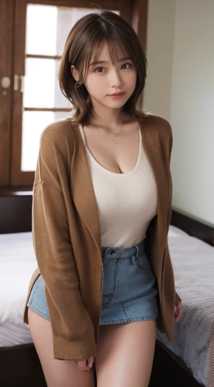 (Photorealistic), (ultra high realistic), (Ultra high definition), (ultra high detailed), (Increase contrast), (Increase saturation), (12 year old extremely beautiful girl), (light skinned)A pretty woman with perfect figure, Cute face,, (Lifelike face), Short Bob、Hair hanging over the ears, Realistic eyes, natural make up、beautiful detail, (real looking skin), Beautiful skins, enticing, The ultra -The high-definition, A hyper-realistic, Realistic, Very detailed,, bangss), (White wool short coat and knee-high boots、japanese cute idol, Tartan check、I can see the cleavage)((very short miniskirt))  Brown hair,bedroom、bet、Beautiful valley、beutiful breast、thin-waist、big butts、sleeping with knees hanging down