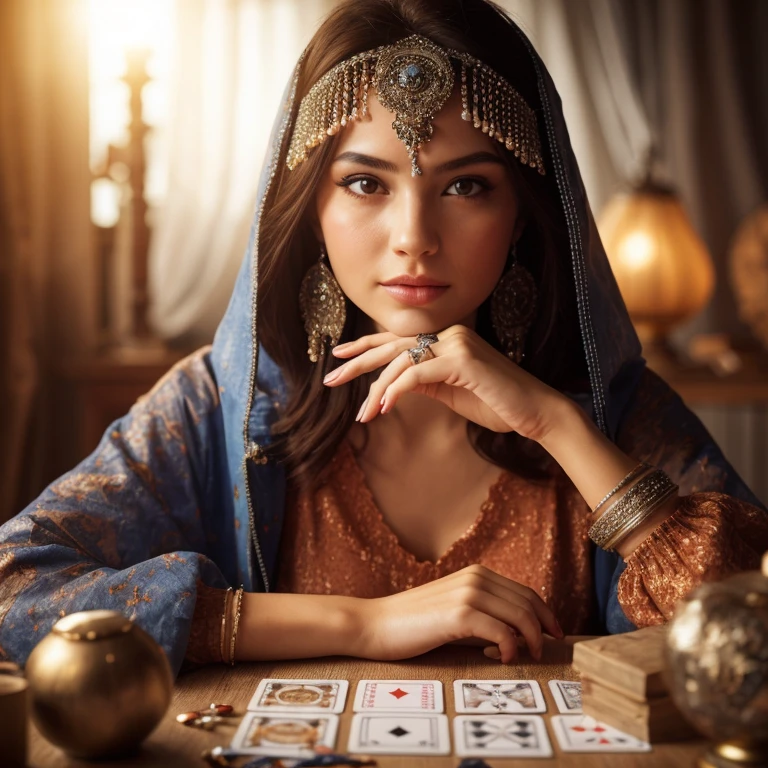 fortune teller woman, with cards under the table, she is sitting at the fortune teller's table looking straight into the camera. realistic image, with high 8k quality