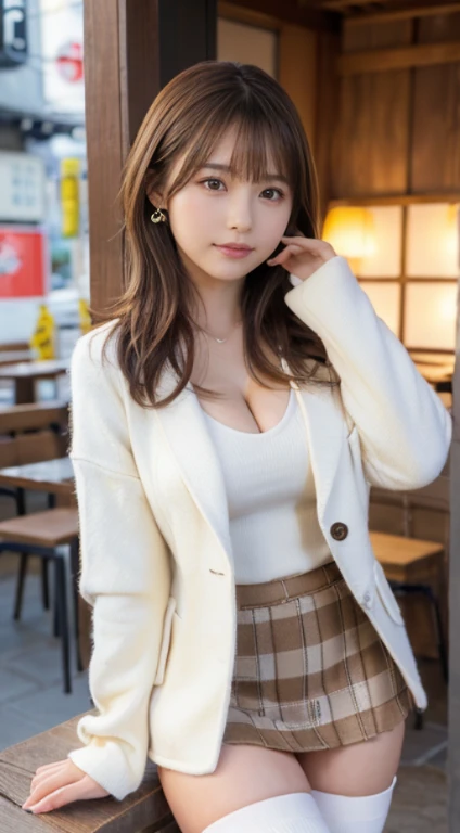 (Photorealistic), (ultra high realistic), (Ultra high definition), (ultra high detailed), (Increase contrast), (Increase saturation), (12 year old extremely beautiful girl), (light skinned)A pretty woman with perfect figure, Cute face,, (Lifelike face), Short Bob、Hair hanging over the ears, Realistic eyes, natural make up、beautiful detail, (real looking skin), Beautiful skins, enticing, The ultra -The high-definition, A hyper-realistic, Realistic, Very detailed,, bangss), (White wool short coat and knee-high boots、japanese cute idol, Tartan check、I can see the cleavage)((very short miniskirt)) Brown hair,cafes、a chair、Beautiful valley、beutiful breast、thin-waist、big butts、legs crossed