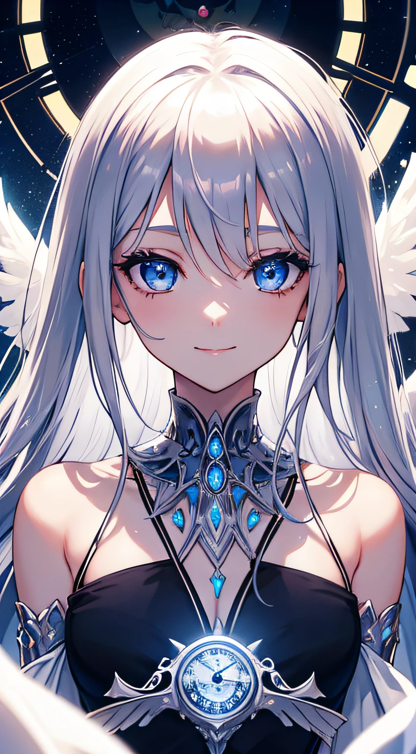 fantasy, 1girl, long silver hair, blue eyes, smiling, looking at viewer, intricate dress, shoulders, collarbones, wings behind her, glowing analog clock in the background, stars, masterpiece, 8K, warm lighting, perfect clothes, perfect anatomy, perfect eyes, perfect face, sharp resolution, face closeup