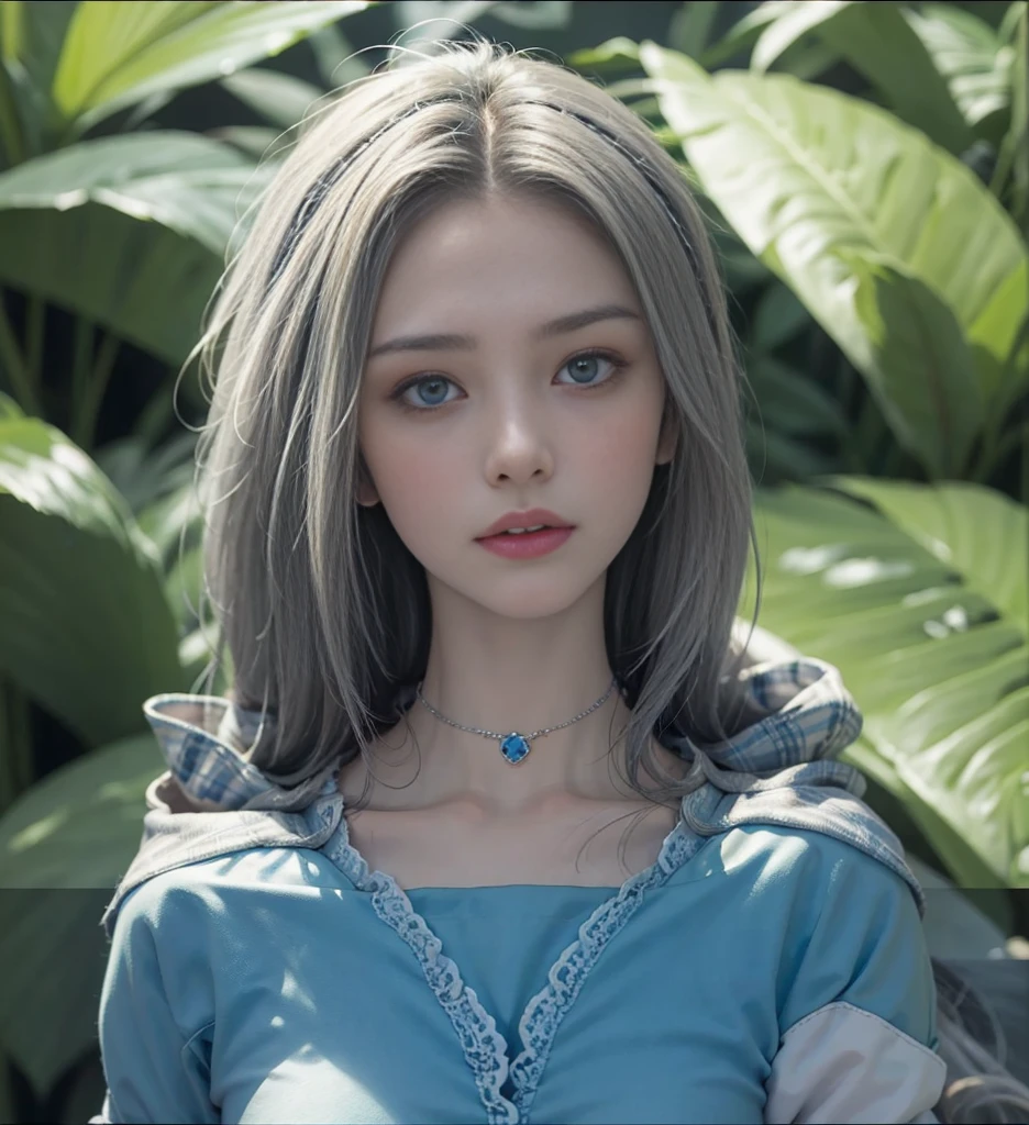 orange long hair，Nice face，choker necklace，Heterochromatic pupil，Gini Coefficient，Full body photo，Big-breasted girl，Cardigan shirt