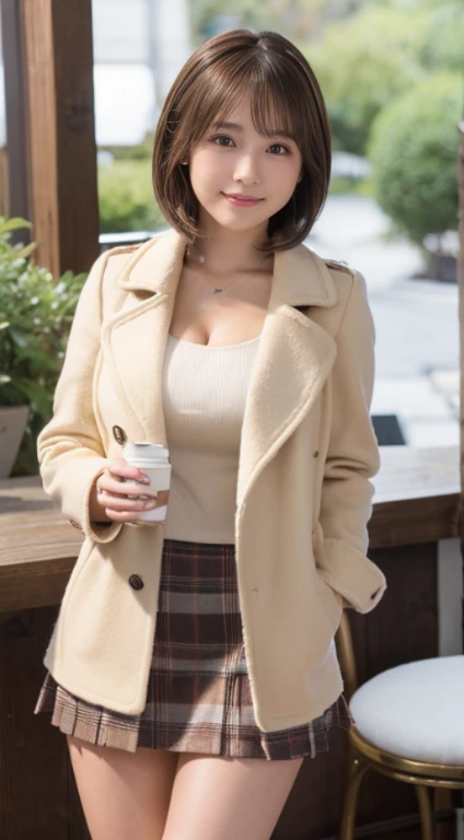 (Photorealistic), (ultra high realistic), (Ultra high definition), (ultra high detailed), (Increase contrast), (Increase saturation), (12 year old extremely beautiful girl), (light skinned)A pretty woman with perfect figure, Cute face,, (Lifelike face), Short Bob、Hair hanging over the ears, Realistic eyes, natural make up、beautiful detail, (real looking skin), Beautiful skins, enticing, The ultra -The high-definition, A hyper-realistic, Realistic, Very detailed,, bangss), (White wool short coat and knee-high boots、japanese cute idol, Tartan check、I can see the cleavage)((very short miniskirt)) Brown hair,cafes、a chair、Beautiful valley、beutiful breast、thin-waist、big butts、legs crossed