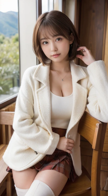 (Photorealistic), (ultra high realistic), (Ultra high definition), (ultra high detailed), (Increase contrast), (Increase saturation), (12 year old extremely beautiful girl), (light skinned)A pretty woman with perfect figure, Cute face,, (Lifelike face), Short Bob、Hair hanging over the ears, Realistic eyes, natural make up、beautiful detail, (real looking skin), Beautiful skins, enticing, The ultra -The high-definition, A hyper-realistic, Realistic, Very detailed,, bangss), (White wool short coat and knee-high boots、japanese cute idol, Tartan check、I can see the cleavage)((very short miniskirt)) Brown hair,cafes、a chair、Beautiful valley、beutiful breast、thin-waist、big butts、legs crossed
