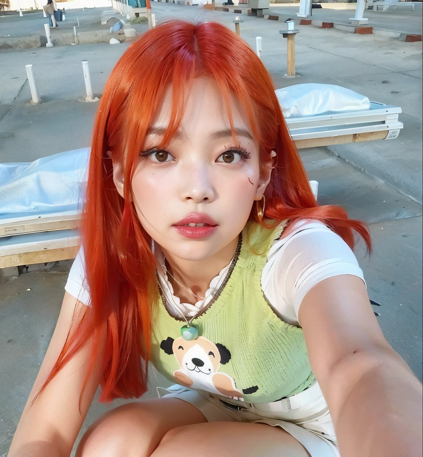 hay una mujer pelirroja sentada en un banco, cabello naranja, Ella tiene el pelo largo redorange, cabello naranja brillante, Lalisa Manobal, Lalisa Manoban de Blackpink, Jossi de Blackpink, Pelo largo de color naranja, con el pelo rojo, cabello naranja brillante, Retrato de Jossi de Blackpink, Parque Roseanne de Blackpink, con el pelo largo y rojo