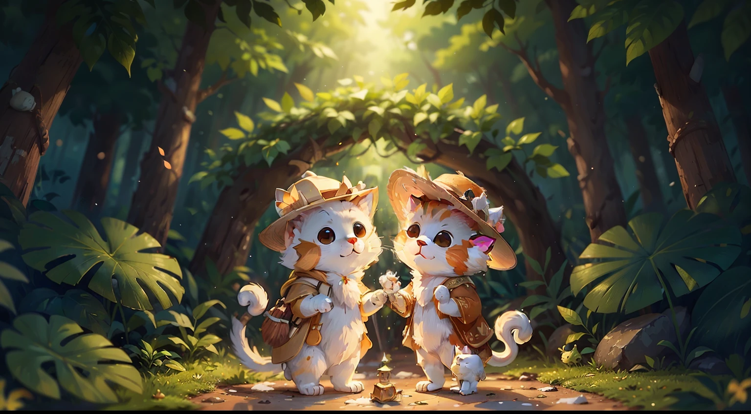 White cat wearing white hat and golden monkey standing together and chatting，the woods  (Clutter - home: 0.8), (tmasterpiece: 1.2) (Realist: 1.2) (bokeh) (Better quality) (Complicated details) (8K) (tack sharp focus), (Delicate skin: 1.2)