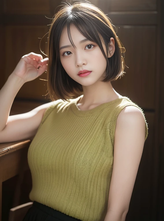(masterpiece:1.3), (8K, Photorealsitic, Raw photography, Top image quality: 1.4), 20 year old girl、(Random hairstyles:1.2)、Super Detail Face、Eye of Detail、二重まぶた、foco nítido:1.2、prety woman:1.4、light brown hair、top-quality、masterpiece、超A high resolution、(Photorealsitic:1.4)、very detailed and professional lighting、Green Sheer Knitwear、slender、serious facial expression、short-haired、Fatal position、Transparent skin、randome pose、Glowing hair、Gravure Model Pose、