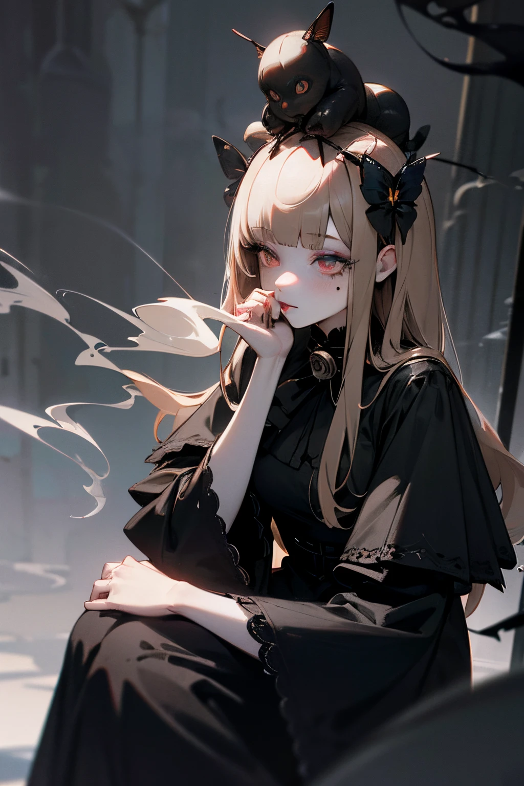 ((Masterpiece)), 1girl, girl, blunt bangs, feminine, mole, pale brown hair, silky straight hair, muted colors, monochrome, pale skin, ((makeup goth)), cute, lipstick, night, ((Black roses on head)), ((smoke)), (blowing smoke), indoors, Hair over eyes, 3d, (bell), (((more bugs))), scenery, (cracked skin), glowing, fractured skin, antique doll style, dark white, (hollow eyes), desserts, closed mouth, sitting, Weirdcore, ruins