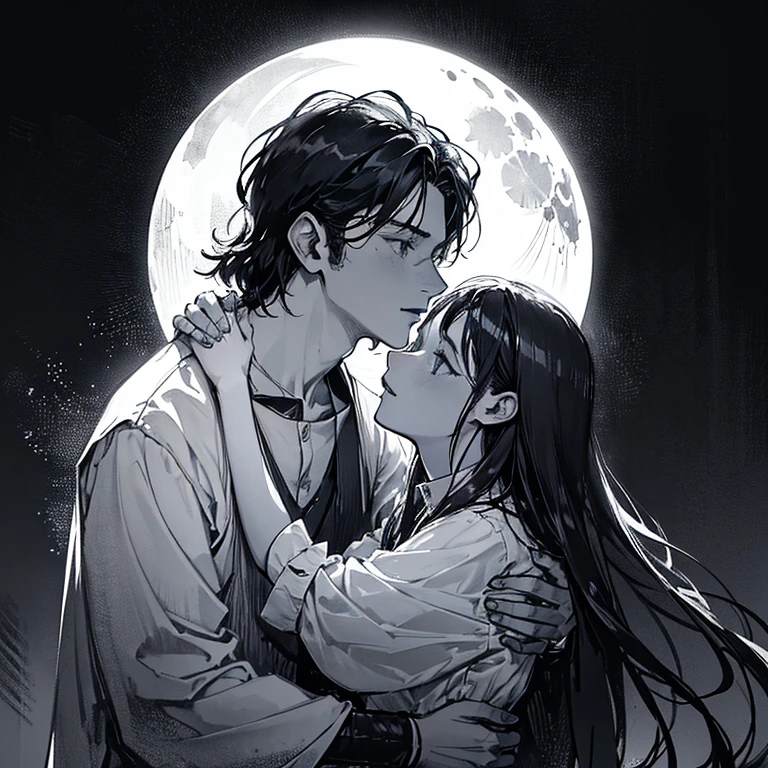 Two men and two women、Girl with long black hair, Beautiful detailed eyes, And beautiful detailed lips, Intertwined with a brown-skinned werewolf man with short white hair.. They are hugging each other, Looking into each other's eyes, And hold hands tightly. The stage is a dark night shrouded in fog.. 

The work is a beautiful oil painting., Created with maximum detail and realism. Brush strokes are extremely fine, Capture every nuance and texture. The overall composition is a portrait, Depicts the deep bond and love between a girl and a werewolf.. 

The color palette is rich and vibrant, Deep blues and purples dominate the foggy night. The girl&#39;s hair contrasts with the darkness, Shining with glossy black. the light shines on their faces, Casts soft shadows that create depth and mystery。. 

The lighting is also atmospheric and moody., With the moonlight breaking through the fog, Cast a fantastic glow on the figure. The werewolf&#39;s white hair shines in the moonlight, The girl&#39;s face was softly illuminated, Emphasize her delicate features. 

This masterpiece guarantees the highest quality and attention to detail, Emphasis on ultra-detailed depiction. As a result、The emotions shared between a girl and a werewolf are depicted photorealistically.。. This prompt is、the power of love、Shows the connection between two beings from different worlds。, Capturing moments of intimacy and tenderness in the dark.